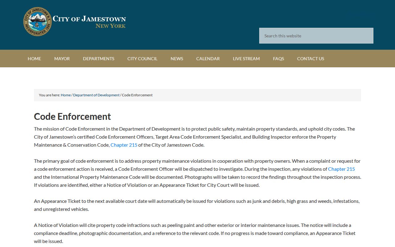 Jamestown residents directory code enforcement record process