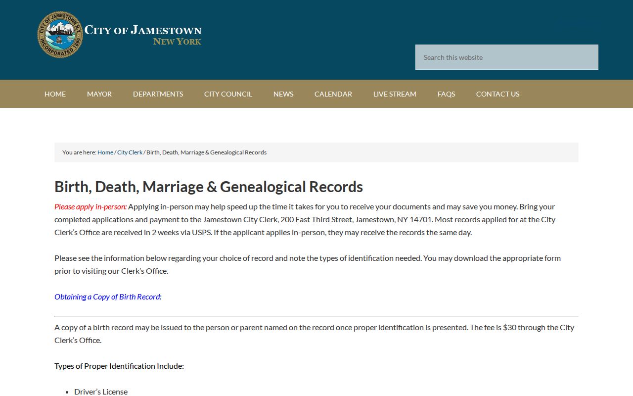 Jamestown resident lookup view of City Clerk vital record application guidance