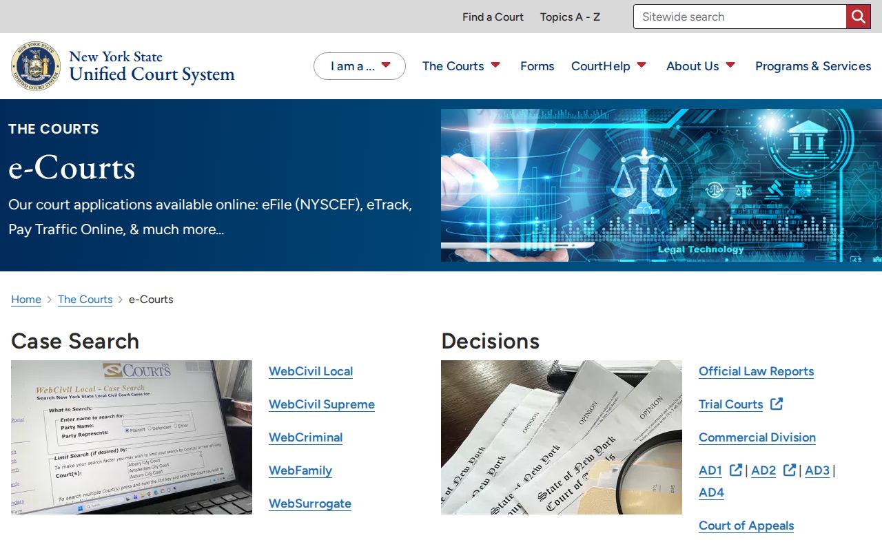 Jamestown resident lookup view of the New York eCourts portal options
