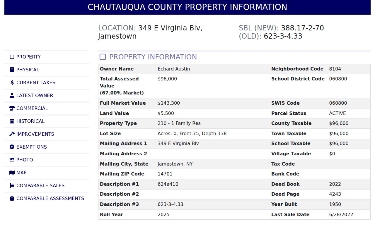 Jamestown street directory sample parcel property record fields